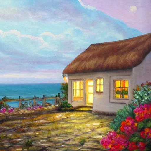 Prompt: A painting of a cozy cottage with a view of the beach