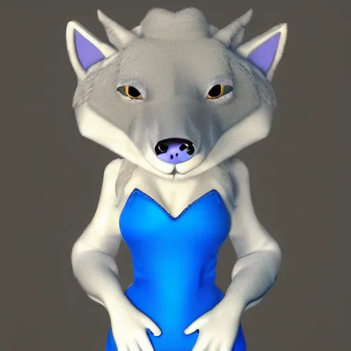 Prompt: 3 d render, well toned, large and tall, female, anthropomorphic wolf with a short snout, furless, blue scales with white spots, icey blue dress, scales covering her chest.