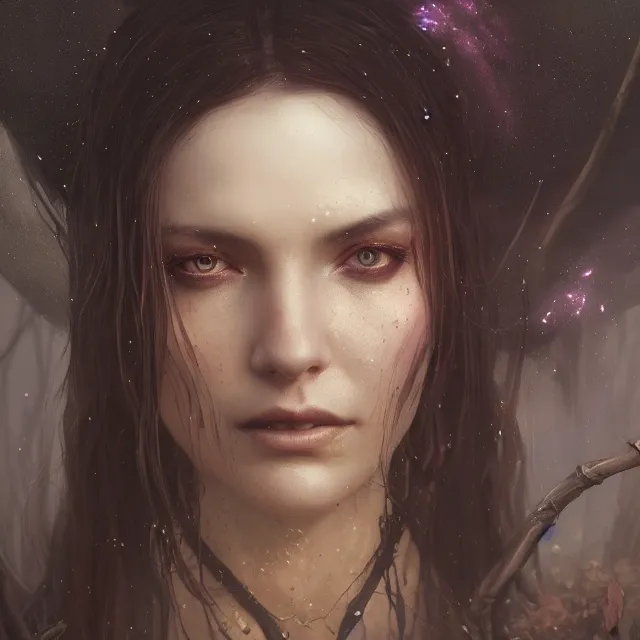 Prompt: close up portrait of a beautiful female witch, magical abstract background fantasy atmosphere. art by greg rutkowski. highly detailed, intricate, lifelike. sci - fi, fantasy, magical, octane render, nikon d 8 5 0.