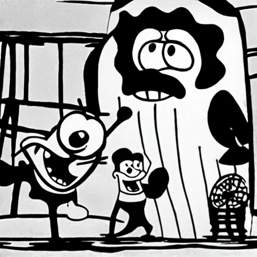 Image similar to black and white screen from SpongeBob in Steamboat Willie (1928)