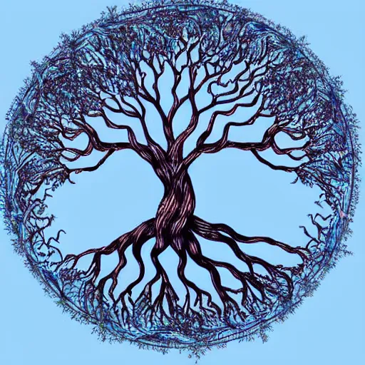 Prompt: the flourishing tree of life, a spear flaring into a lovely tree sealed into a circle of blue flames, beauty cascading from the holy land at the peak of the tree, pretty branches bending in the winds, normal cosmic aesthetic