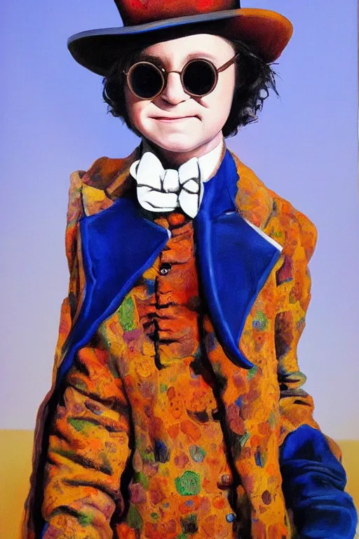 Image similar to Ibai Llanos dressed as Willy Wonka, highly detailed, oil on canvas