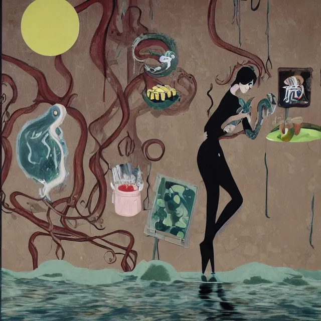 Image similar to tall female emo artist holding an octopus in a flooded cafe, octopus, water gushing from ceiling, painting of flood waters inside a cafe, a river flooding indoors, pomegranates, pigs, ikebana, water, octopus, river, rapids, waterfall, black swans, canoe, berries, acrylic on canvas, surrealist, by francesco clemente