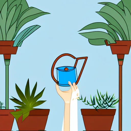 Image similar to a woman holding a watering can on top of a light blue flower that is on top of a plant pot, is dripping three drops of water from the watering can, flat design, flat colors, illustration