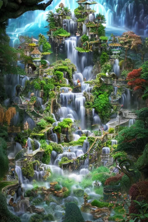 Image similar to isometric view of a fantastical garden with waterfalls and giant trees, by Andrei Riabovitchev, Shaun Tan, Peter Mohrbacher and Takayuki Takeya, ancient ornate intricate, cinematic, realistic, intricate detail, finely detailed, small details, extra detail, photorealistic, high resolution, 3D, PBR, blue light, path tracing, volumetric lighting, octane render, arnold render, 8k