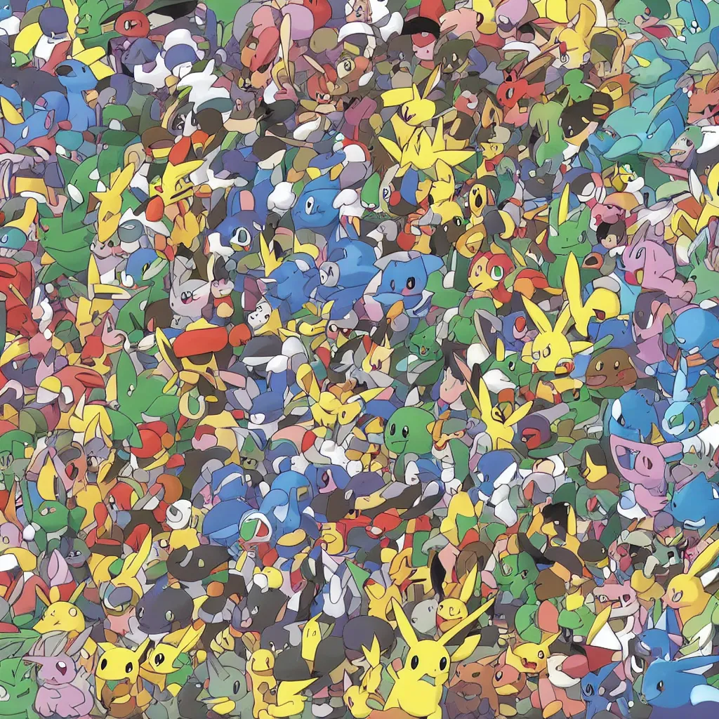 Prompt: official art of a diverse, rainbow-colored crowd of Pokemon, by Ken Sugimori, Bulbapedia,
