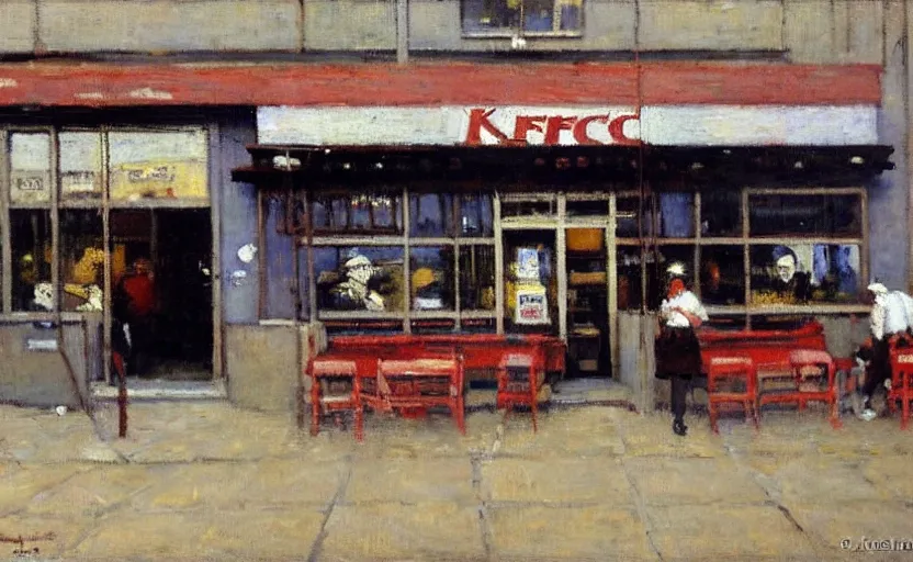 Image similar to exterior of a kfc, stanhope forbes, impressionist painting