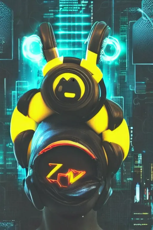 Prompt: Cyberpunk Pikachu wearing headphones