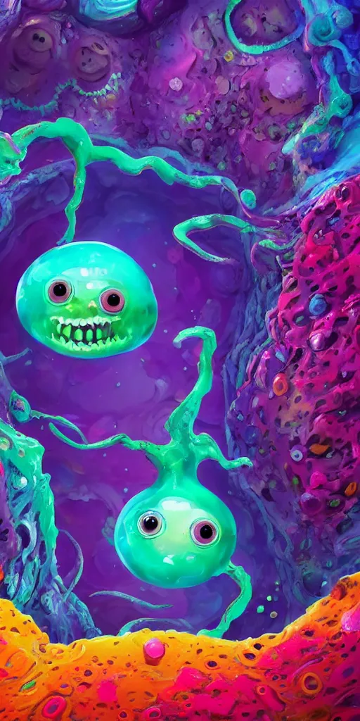 Prompt: of a colorful deep sea crater with strange cute jello happy creatures with huge eyes, mouth, long tongue and round teeth appearing from smokey background, in the style of gehry and gaudi, macro lens, shallow depth of field, ultra detailed, digital painting, trending artstation, concept art, illustration, cinematic lighting, photorealism, epic, octane render