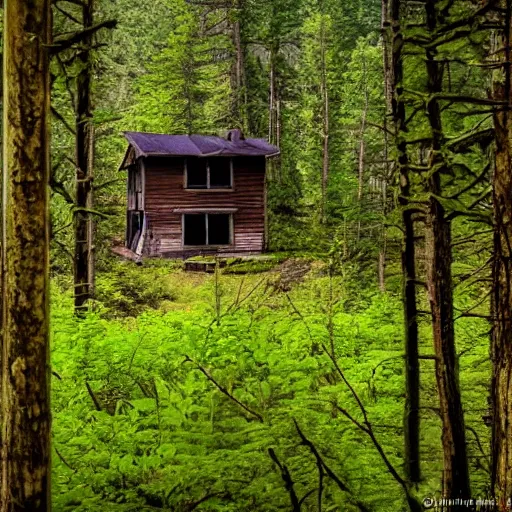 Prompt: a photo of a Eerie cabin in the middle of the woods photographed by a old 80s gameboy