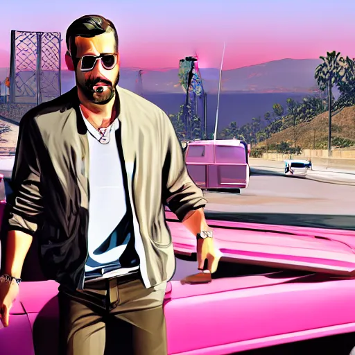 Image similar to gta v covert art by stephen bliss of ryan gosling wearing aviator sunglesses near a pink convertible car