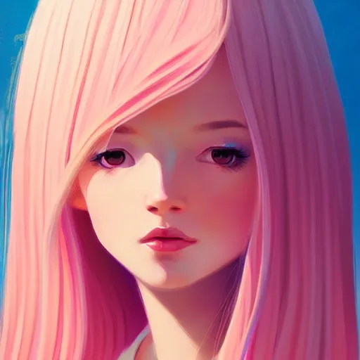 Image similar to young female in summer dress art, pastel light pink long hair, muted colors, matte print, pastel colors, ornate, digital art, digital painting, fan art, elegant, artstation, head is centered, by Ilya Kuvshinov