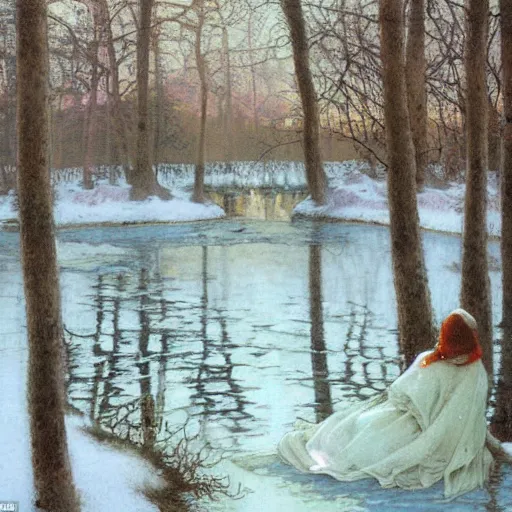 Prompt: a beautiful painting of the back view of a young lady in white dress sitting by the frozen river in a grown forest, looking at her reflection on the water, sunlight reflected on the river, winter, Mucha, Moebius, Mohrbacher