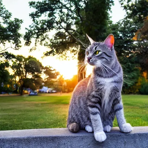 Prompt: a cute grey tabby cat sitting on the corner of a front yard outside in the late afternoon on a beautiful summer day, sunset