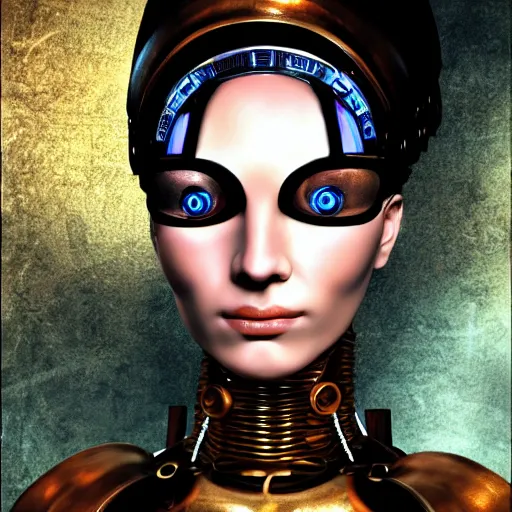 Image similar to close - up portrait of a beautiful female steampunk android in the style of ex the fifth element