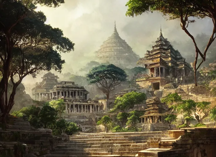 Image similar to Tyrona, Bustling coastal walled ancient city with Roman and Southeast Asian architecture surrounded by lush tropical jungle, anime, lush trees, fountain, a fantasy digital painting by Greg Rutkowski and James Gurney, trending on Artstation, highly detailed