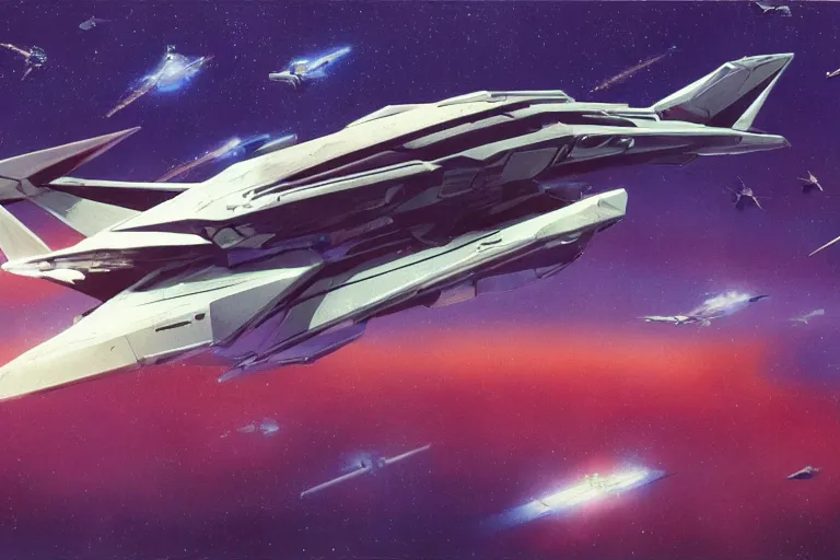 Prompt: a single spaceship, lining up for a strafing run on the viewer, lonely against a vast space backdrop, glowing interior lighting, luminous scifi engine, sleek interceptor profile, pterodactyl and pteranadon styling, smooth, john berkey white plastic panels, robotech styling, luminous cockpit, running lights, kanji insignia and numbering, Raymond Swanland and Jessica Rossier nebula like clouds in space background near a ringed gas giant, hyper detailed hyper detailed, 8k, ultra realistic, cinematic lighting, ultra wide 35mm lens, Boeing Concept Art, Lockheed concept art