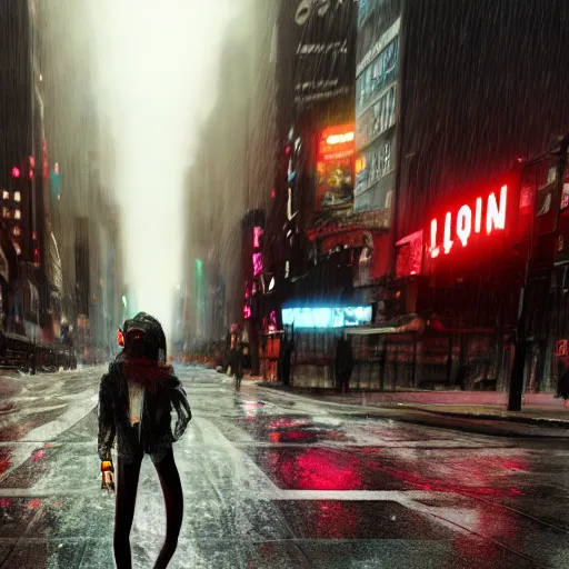 Image similar to a grungy cyborg kitten walks in NYC street in a rainy day among other people, led lights around the place, digital painting, ultra detailed, unreal engine 5,