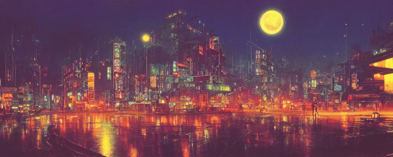 Prompt: awe inspiring bruce pennington cityscape, digital art painting of 1 9 6 0 s, antique japan at night, 4 k, matte