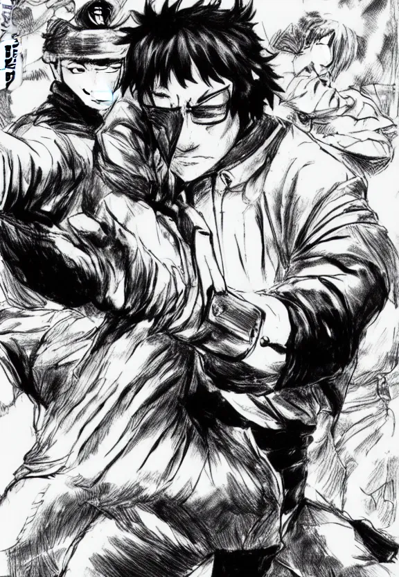 Prompt: manga about jackie chan as a soldier with ptsd, by kentaro miura