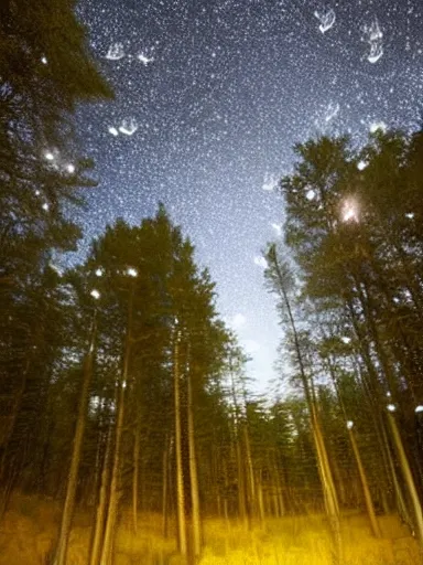 Image similar to wrought silver forest under a moonlit star filled sky filled with fireflies