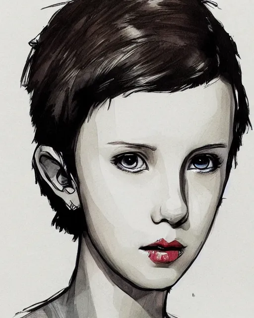 Image similar to pen sketch of millie bobby brown with short hair by yoji shinkawa