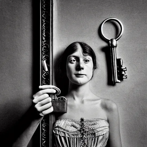 Image similar to old monochrom portrait photography of a beautiful girl holding old keys in her hand, many vintage locks on the walls, in a victorian decor, by man ray, alfred ghisoland, gemmy woud - binendijk, erwin olaf, 4 k,