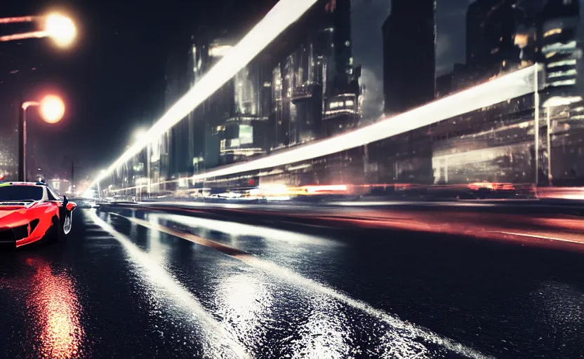 Image similar to photorealistic action photography of street car race on the roads dark, wet, night light fixtures. 8K. detailed. photorealism. artstation. 25mm f/1.7 ASPH Lens. ultra realistic