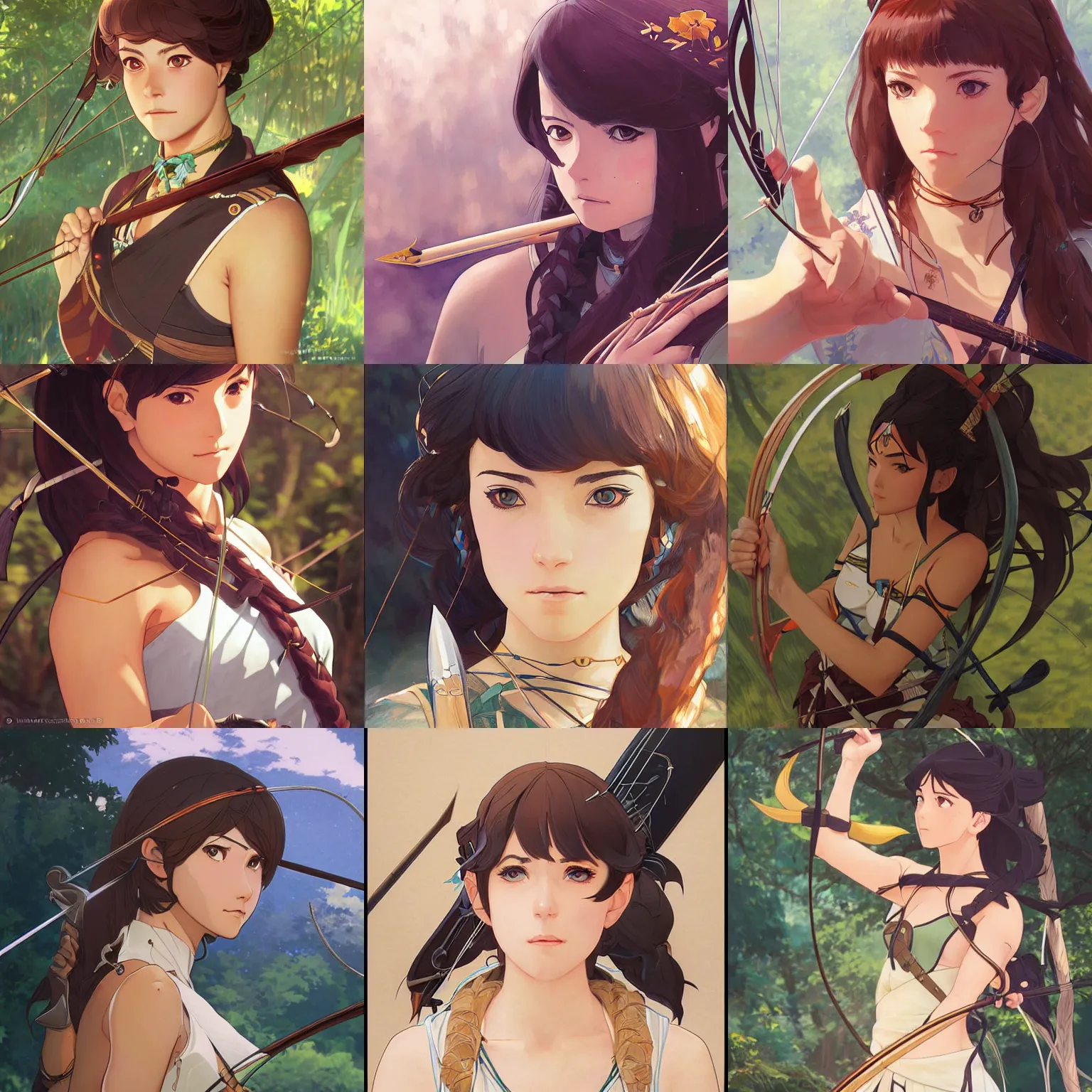 Prompt: Portrait of an Amazon archer drawing her bow, fantasy, beautiful face, highly detailed, photoshop, digital illustration, anime key visual, by Makoto Shinkai and Hayao Miyazaki, by Ilya Kuvshinov and Alphonse Mucha and Krenz Cushart