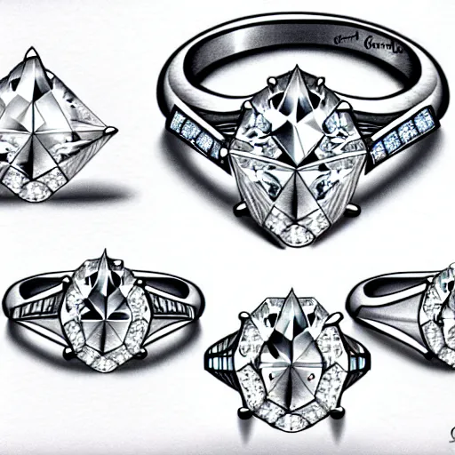 Image similar to sketch of engagement ring with two smaller diamonds outside and one bigger diamond in the middle, detailed, concept art, victorian, schematic