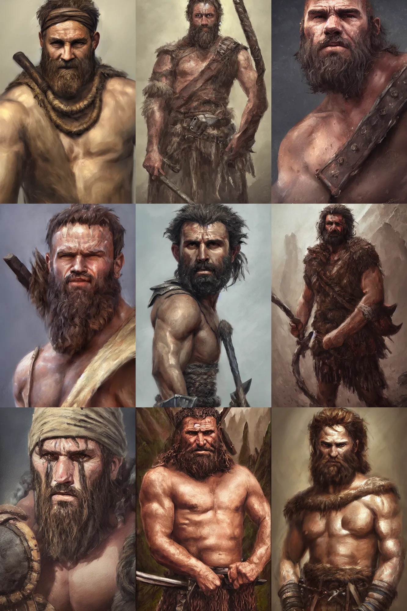 Prompt: a full body fantasy portrait oil painting illustration of a single rugged stoic barbarian man by Justin Sweet with face and body clearly visible, realistic proportions, d&d, rpg, forgotten realms, artstation trending, high quality, sombre mood, artstation trending, muted colours, no crop, entire person!,