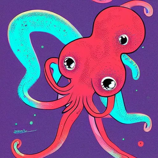 Prompt: an neon coloured adorable super cute baby octopus by feng zhu and loish and laurie greasley, victo ngai, andreas rocha, john harris