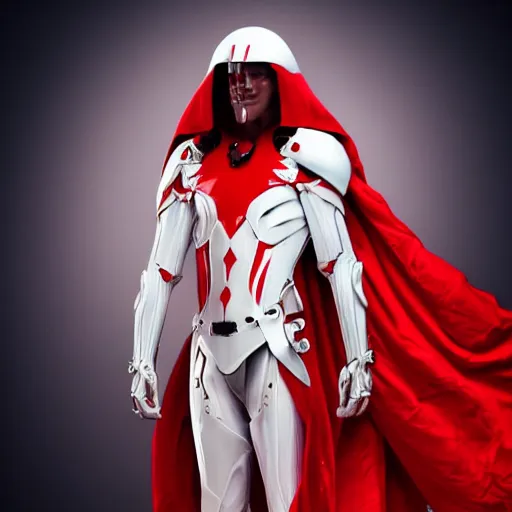 Image similar to portrait of a tall muscular infantry man in glossy sleek white armor with tiny red details and a long red cape, heroic posture, deermined expression, on the surface of mars, night time, dramatic lighting, cinematic, sci-fi, hyperrealistic, movie still