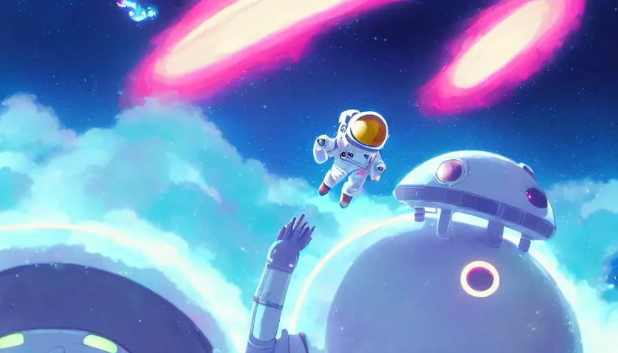 Image similar to a still of a cute kawaii astronaut android riding a large neon kaiju dragon, nebulous background of dynamic space, a dramatic composition by wlop and greg rutkowski and makoto shinkai and studio ghibli and kyoto animation cute bubbly clothing, highly detailed, digital painting, matte