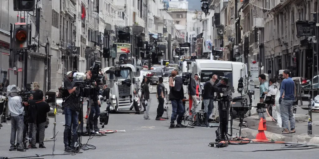 Prompt: a film crew in a street, cameras, lighting, trucks, actors, photograph