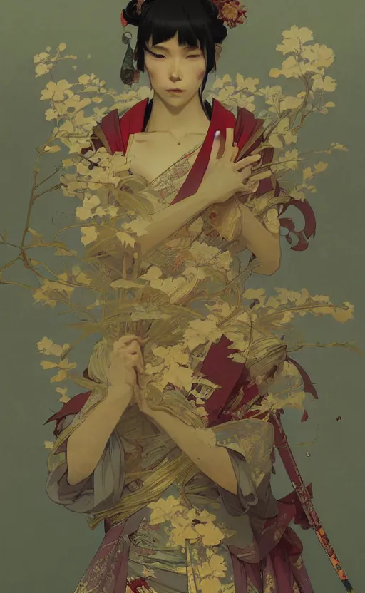 Image similar to personification of japan, highly detailed, digital painting, artstation, concept art, sharp focus, illustration, art by greg rutkowski and alphonse mucha