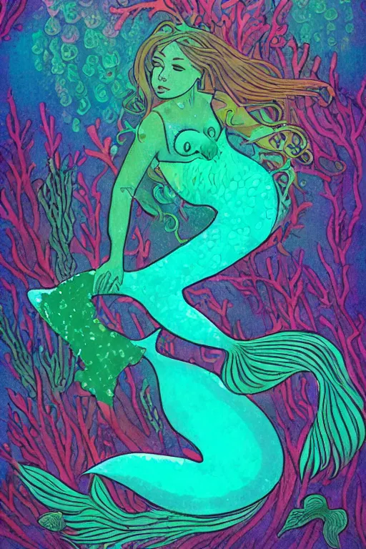 Prompt: beautiful mermaid swimming through bioluminescent algae coral reefs by dang my linh