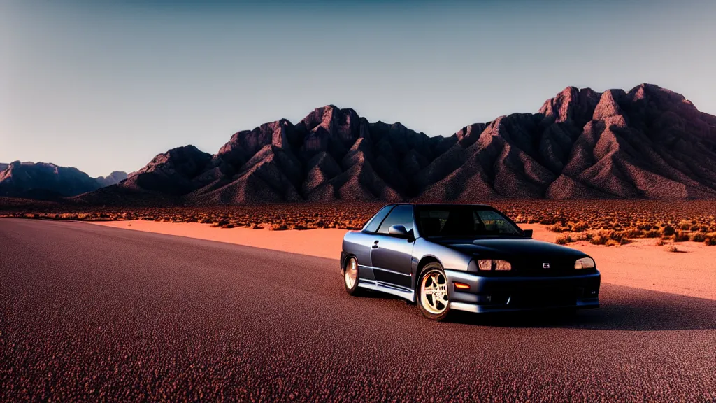 Image similar to three quarter front photo of a stock dark grey nissan r 3 2 skyline gtr on a road in a desert with a mountain in the background in the early morning, car photography, zoom lens, blue hour, photorealistic