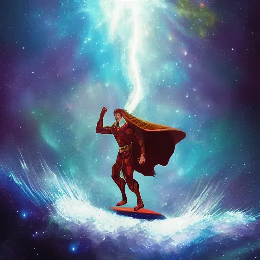 Image similar to armored sorcerer surfing on a nebula, rich epic dynamic artwork