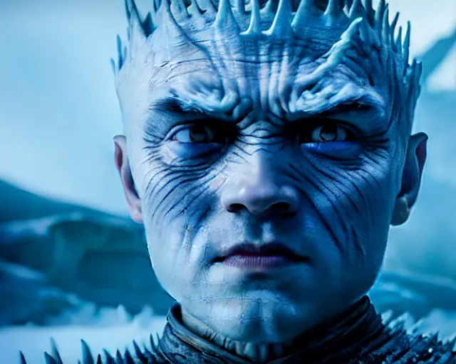 Prompt: clear ice block of justin sun as night king in game of thrones, 4 k, epic, cinematic, focus, movie still, fantasy, extreme detail, atmospheric, dark colour, sharp focus