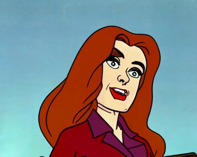 Image similar to Dana Scully on Masters of the Universe (1983), animated cartoon series by Filmation, cel animation, traditional animation