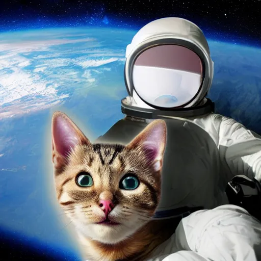 Image similar to ultrarealism, vast spaces, cosmic background, cat in space suit