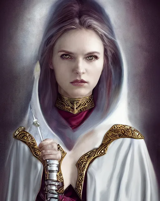 Image similar to a portrait of a muse of beauty, Elspeth Knight Errant, long flowing cape and cowl, silver and gold heavy armor, long magical staff with ruby gems, young female face, rune magic, cinematic top lighting, insanely detailed and intricate, face by wlop, Charlie Bowater, golden ratio, face close up, symmetric, elegant, ornate, luxury, elite, matte painting, MTG, magic the gathering, cinematic, cgsociety, 8k, high resolution, trending on artstation, deviantart and pinterest