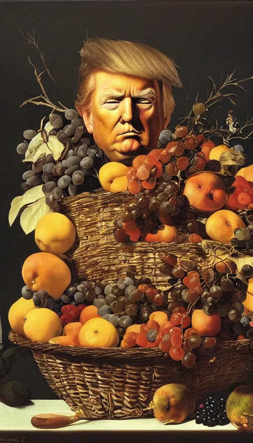 Image similar to hyperrealistic still life painting of Donald Trump with a basket of fruit by Caravaggio, botanical print