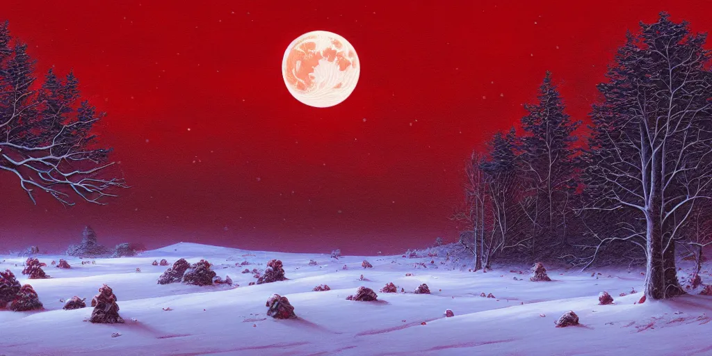 Image similar to painting a snowy landscape under a large blood red harvest supermoon, decorated, intricate, elegant, highly detailed, digital painting, artstation, concept art, smooth, sharp focus, illustration, art by gerald brom, 8 k