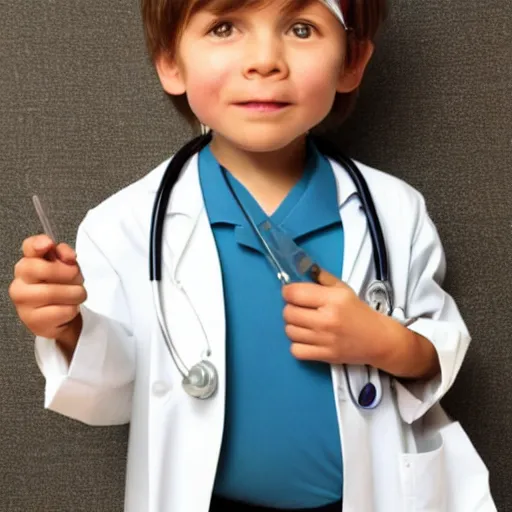 Image similar to full body photo of a little kid as a doctor, realistic, very detailed face