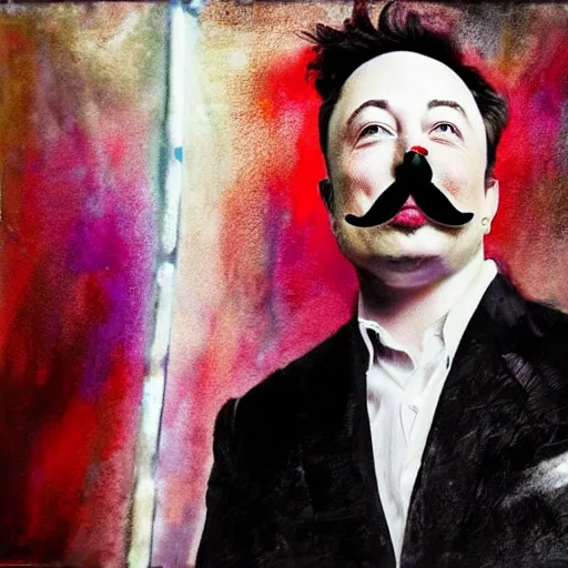 Image similar to grim-hatter elon musk with evil mustache grinning, cinematic, dark oil paint, realistic flavor, decaying rich colors!, photograph by elon musk