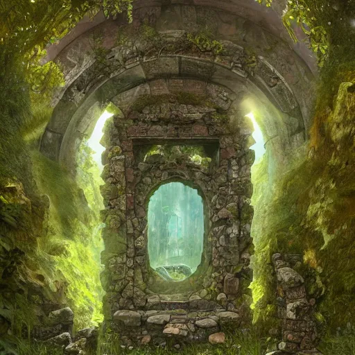 Image similar to ancient overgrown! ruins, medieval gates, runestones, mysetrious etherial mesmerizing runic!! cat eyes, magical elven geometry, concept art by gustav klimt!, deviantart contest winner, environmental art, high detail