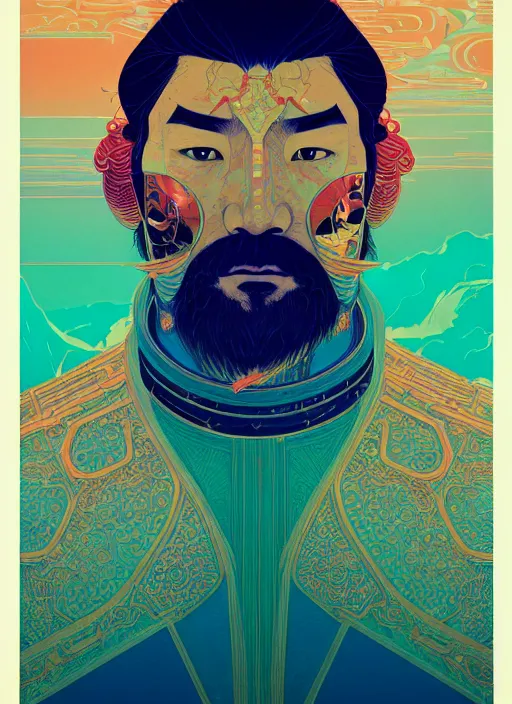 Prompt: portrait of genghis khan, artstation winner by victo ngai, kilian eng and by jake parker, by conrad roset, swirly vibrant color lines, winning award masterpiece, fantastically gaudy, aesthetic octane render, 8 k hd resolution