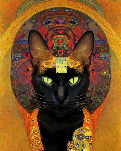 Prompt: black noir cat portrait an oil painting splashes with many colors and shapes by gustav klimt greg rutkowski and alphonse mucha, polycount, generative art, psychedelic, fractalism, glitch art